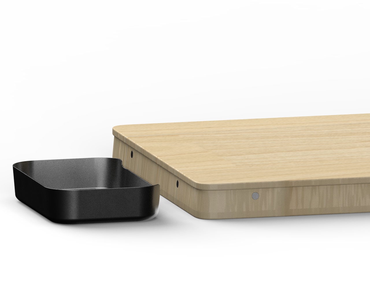 Stainless steel container approaching the hardwood board, about to dock magnetically