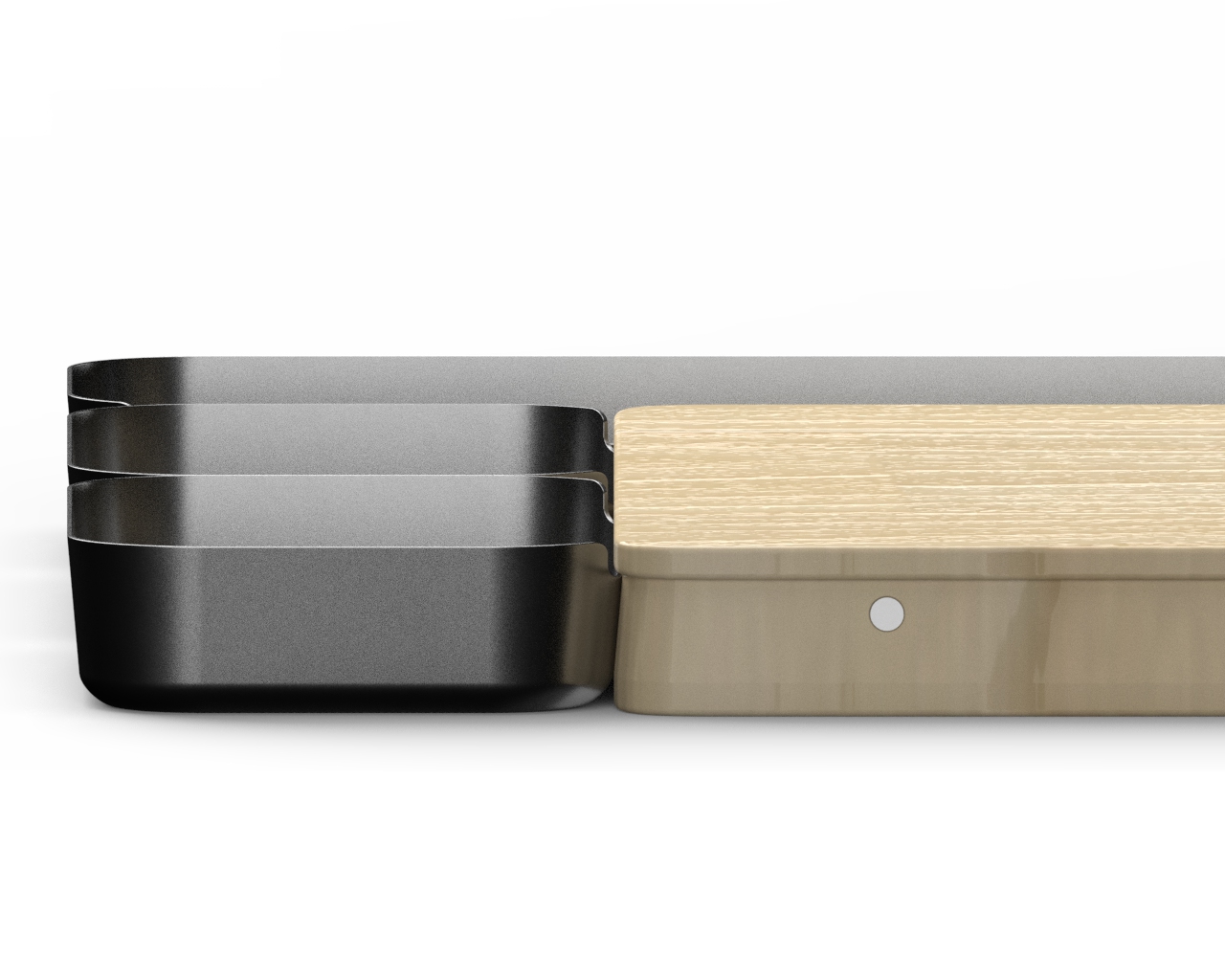 Close-up showing stainless steel containers stacked and nested together