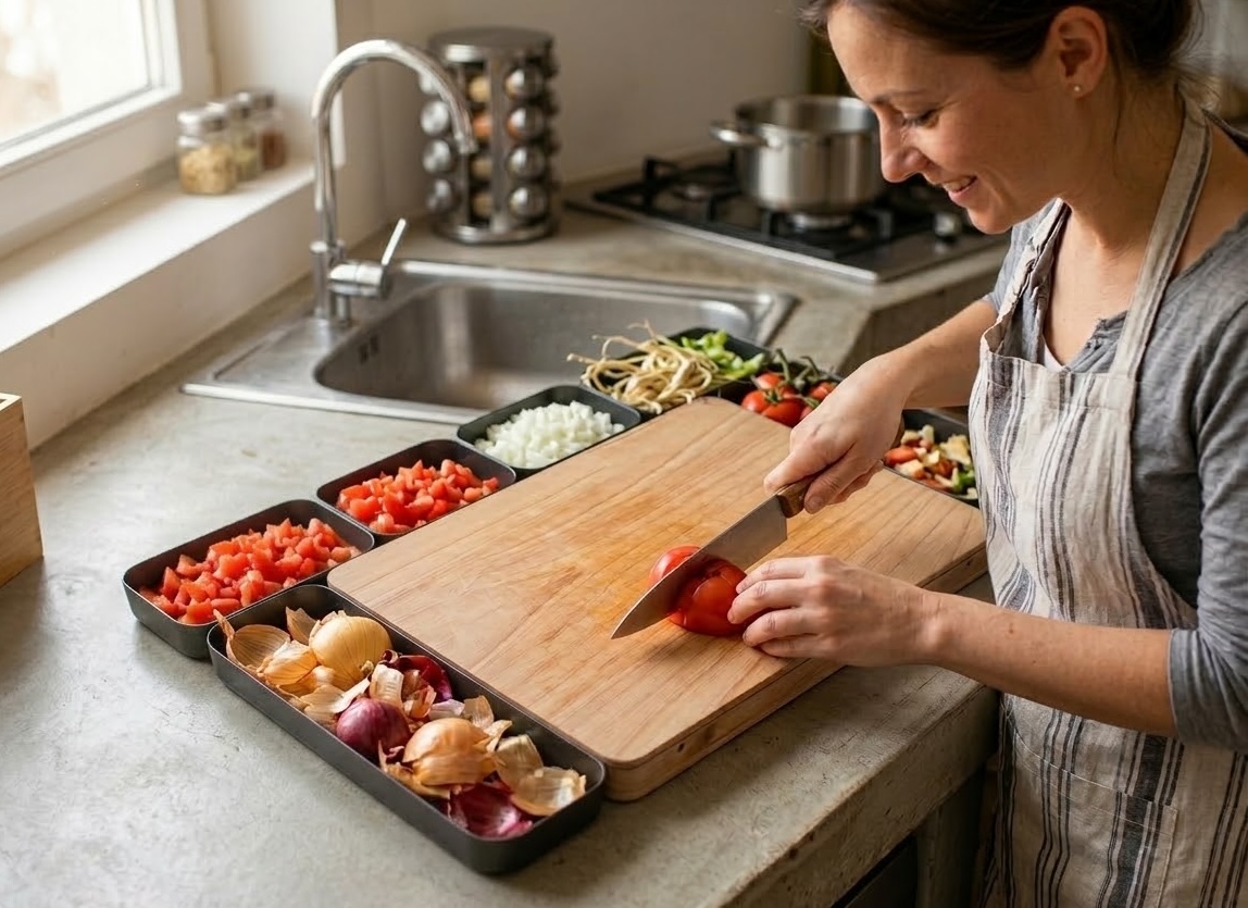 A home cook using the Unkook prep station in a real kitchen, slicing tomatoes with containers docked around the board